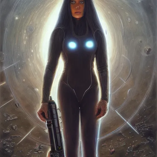 Image similar to pleiadian woman with big eyes and long silver hair wearing a dark body suit and holding a plasma gun as a realistic sci fi character, portrait art by donato giancola and greg rutkowski, digital art, trending on artstation, standing in a barren field