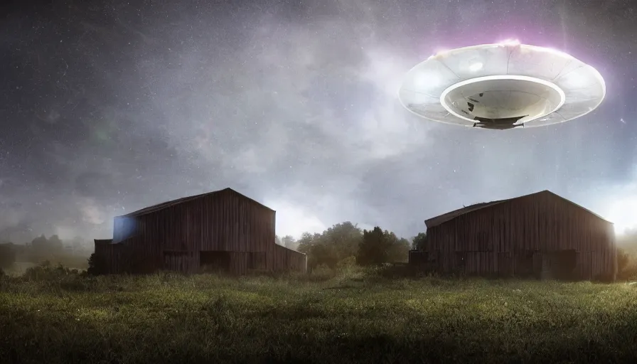 Image similar to a ufo floats over a broken barn, debris floats upwards, volumetric lighting, night, photorealistic rendering, color palette, 8 k, hyperdetailed