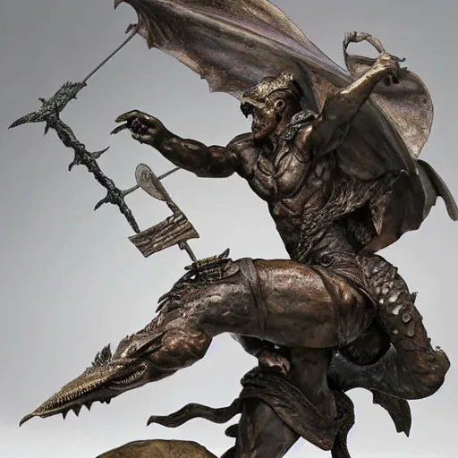 Prompt: a sculpture of a hero defeating a dragon.