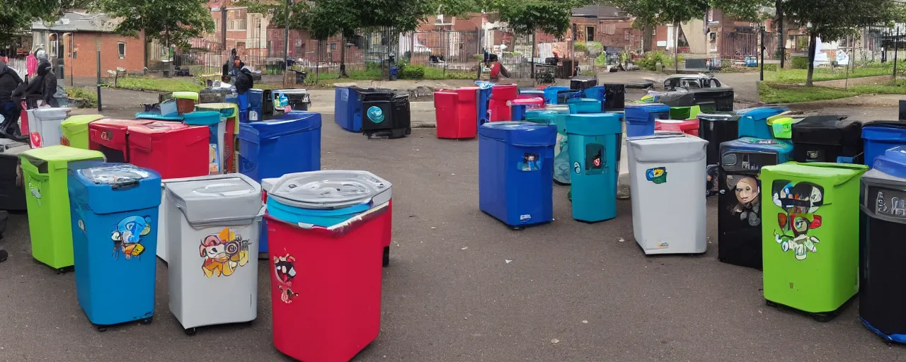 Prompt: a massive sound system built in wheelie bins with ethnic faces painted on the bins