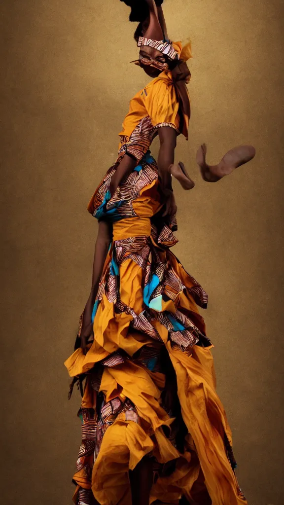 Prompt: character design, african woman, long billowing dress, realistic, photograph