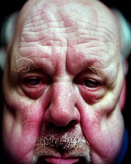 Image similar to an extreme close up portrait a very ordinary overweight old man with an blank expression, by sarah moon, very pale skin, very blurry, translucent white skin, foggy, oil painting, photorealistic, anatomically correct, beautiful perfect face, visible brushstrokes, sharp focus, highly detailed, cinematic lighting, 8 k, hd