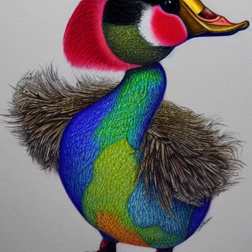 Prompt: Colored pencil art on paper, Circus Duck , highly detailed, artstation, MasterPiece, Award-Winning, Caran d'Ache Luminance