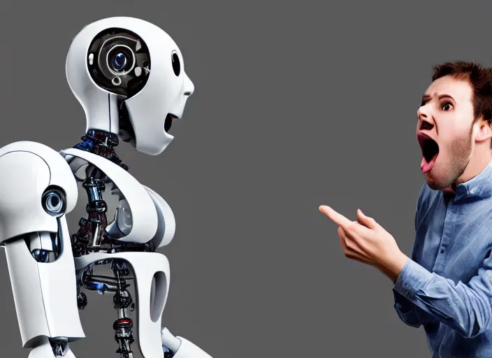 Prompt: photo of person! yelling angrily at a confused _ robot!!, symbolic