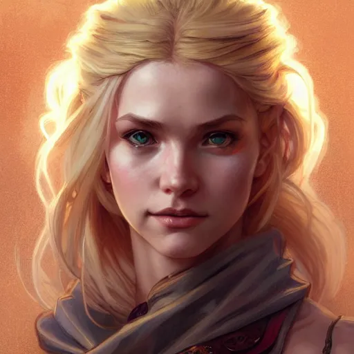 Image similar to an epic fantasy comic book style portrait painting of a young blonde girl thief, d & d, fantasy, joyful smirk, intricate, elegant, digital painting, face enhance, artstation, concept art, matte, sharp focus, illustration, art by artgerm and greg rutkowski and alphonse mucha