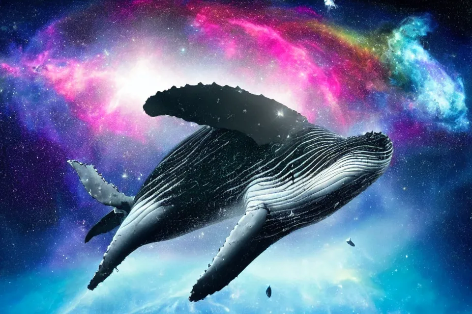 Image similar to a beautiful humpback whale made of stardust swimming through a colorful nebula in space while an astronaut watches from afar