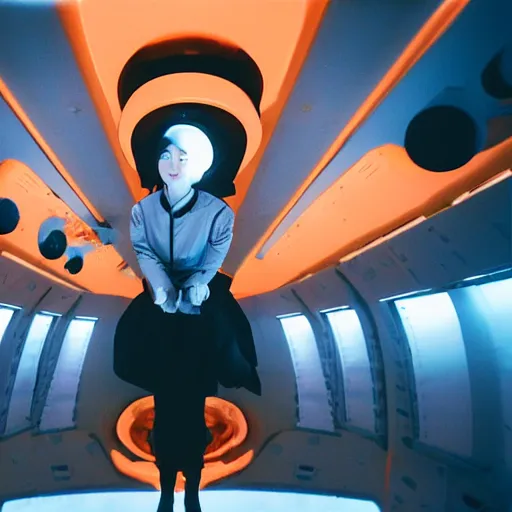 Image similar to a korean woman with long black hair and grey / black futuristic metallic clothing floating in zero - gravity in a spaceship with a white and blue futuristic interior. orange lighting, kodak film grain, expired film