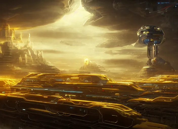 Image similar to cult of technology, exterior of scifi temple, machines, robots, ultra realistic, golden computers, highly detailed, clouds, futuristic landscape, city, atmosphere, masterpiece, epic lighting, glowing wires, mysterious, illuminated, 4 k, cinematic, art by patryk olkiewicz and chris ostrowski and liang yao