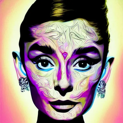 Image similar to An extremely psychedelic portrait of Audrey Hepburn, surreal, LSD, face, detailed, intricate, elegant, lithe, highly detailed, digital painting, artstation, concept art, smooth, sharp focus, illustration