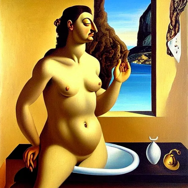 Prompt: a beautiful painting venus of milos, bathroom by salvador dali realistic oil painting