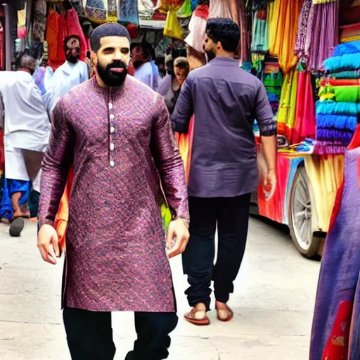 Prompt: drake wearing a colorful silk kurta, mumbai marketplace scene