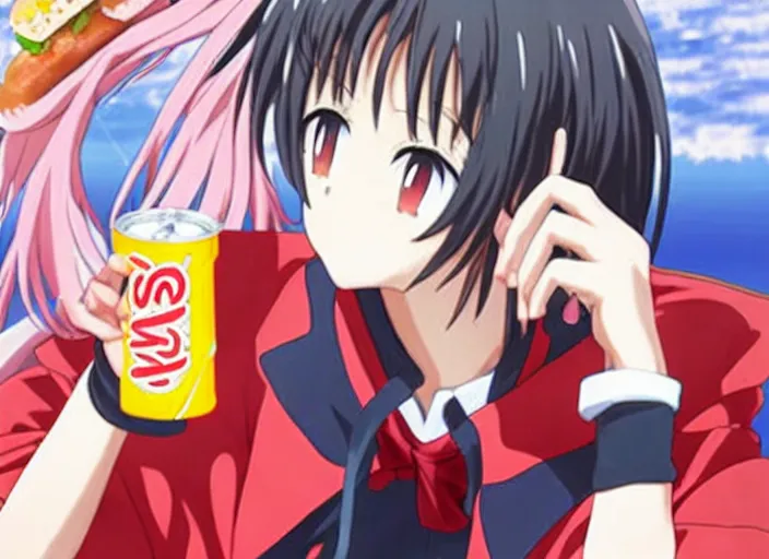 Prompt: An anime character holding a hot dog and cola can .. kadokawa light novel cover