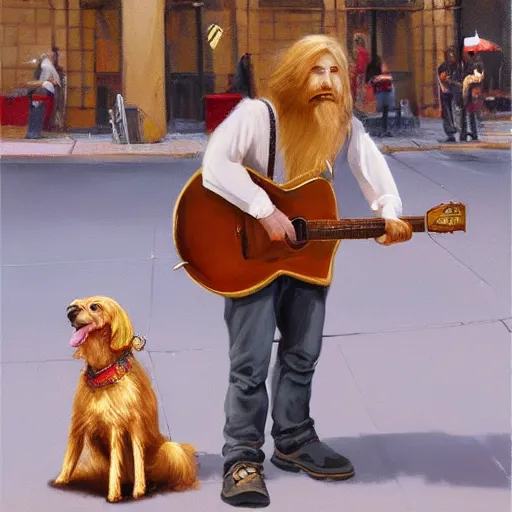 Image similar to oil painting of a young man with long hair blond and a beard hippie style with his golden retrever dog playing guitar in the square for money, people watching around, by greg rutkowski, artstation