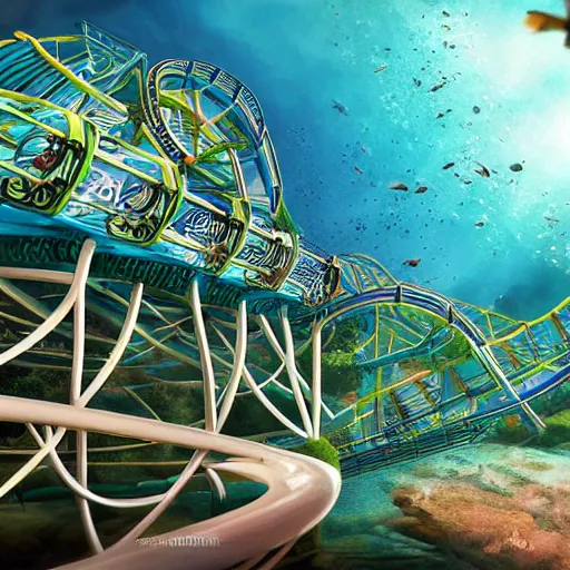 Image similar to underwater roller coaster, photorealistic, detailed