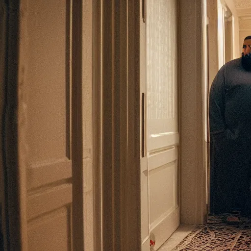 Prompt: a cinematic film still of DJ Khaled starring in The Shining, portrait, 40mm lens, shallow depth of field, close up, split lighting, cinematic