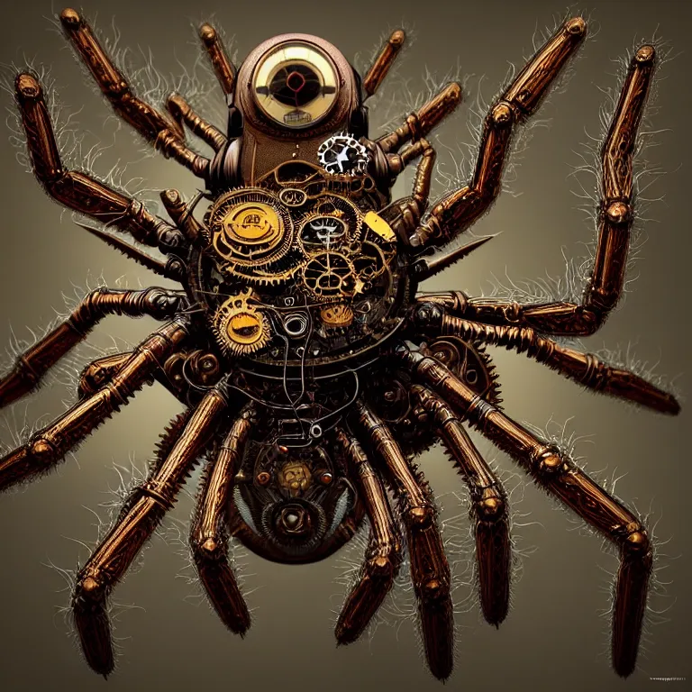 Image similar to steampunk spider, biomechanical, very coherent symmetrical artwork, cinematic, 3 d model, unreal engine realistic render, 8 k, micro detail, intricate, elegant, highly detailed, centered, digital painting, artstation, smooth, sharp focus, illustration, artgerm, tomasz alen kopera, by wlop