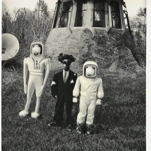 Image similar to polaroid photograph of horrorific extraterrestrial beings visiting earth, 1 9 5 0