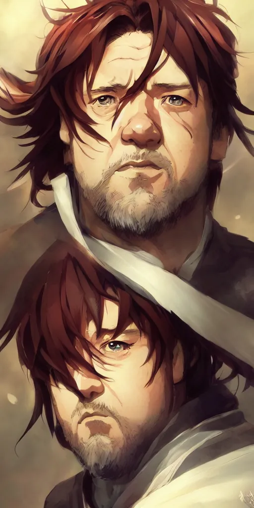 Image similar to anime portrait of Russell Crowe as an anime man by Stanley Artgerm Lau, WLOP, Rossdraws, James Jean, Andrei Riabovitchev, Marc Simonetti, and Sakimichan, trending on artstation