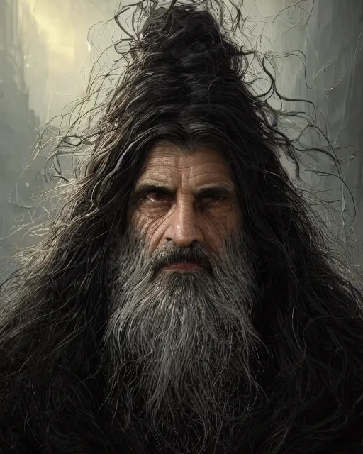 Prompt: portrait of a 6 0 - year - old giant man with long tangles of bushy black hair and beard hiding most of his face, kind eyes, wearing in black cloak, hyper realistic face, beautiful eyes, character art, art by mark brooks, hyperdetailed, cryengine, trending on artstation, digital art