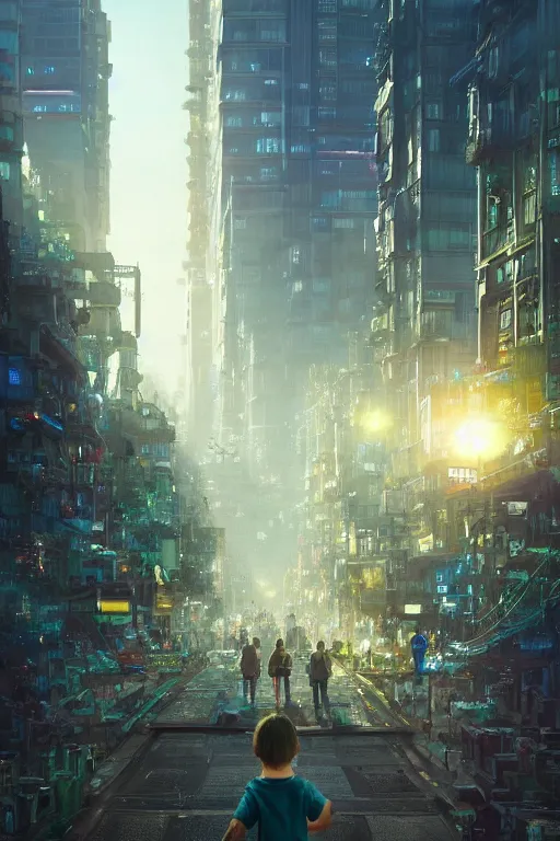 Image similar to a portrait of a small person in the middle foreground walking in the street of a great green and blue mechanical city by Greg Rutkowski, Sung Choi, Mitchell Mohrhauser, Maciej Kuciara, Johnson Ting, Maxim Verehin, Peter Konig, final fantasy , mythical, 8k photorealistic, cinematic lighting, HD, high details, atmospheric,