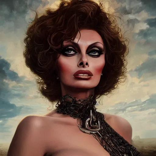 Image similar to closeup portrait of a young and beautiful sophia loren in gothic clothing, dramatic light, gorgeous view, depth, high detail, digital art, painted by greg rutkowski and seb mckinnon, by tim burton, trending on artstation