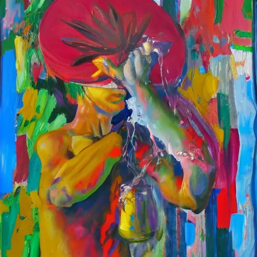 Image similar to man pouring water on head, flowers are in a pot on his head, the pot is part of his head, abstract expressionism, oil on canvas