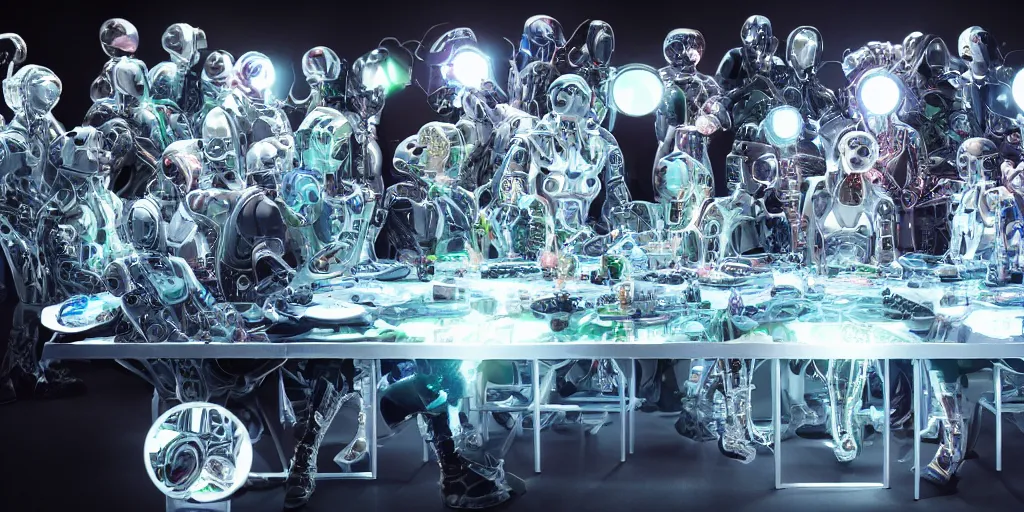 Prompt: !13 diverse cybersuits on !one_side of a reflective !metal table, !!posing_as_last_supper cinematic lighting, intricate cables, detailed glowing implants, satin, crystal, liquid, floating, !!highly detailed