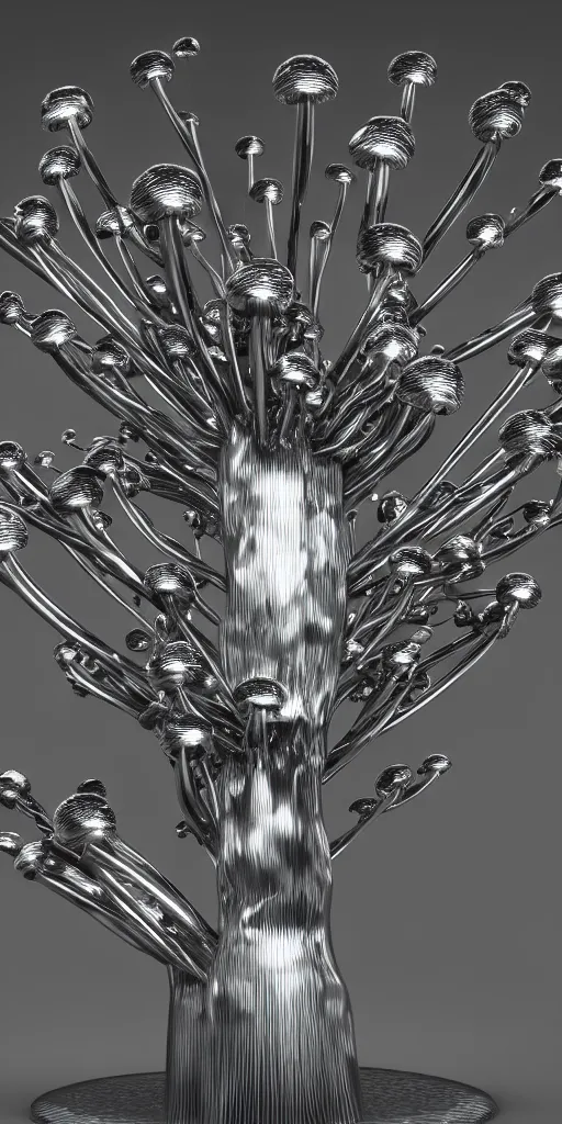 Prompt: 3 d photographic render of a psylo mushroom sculpture made of chrome, neon circles, chrometype, made of liquid metal, neotribal with thorns and thunders, raytracing, hyper realistic, volumetric lightning, 8 k, by zhelong xu and ouchh studio