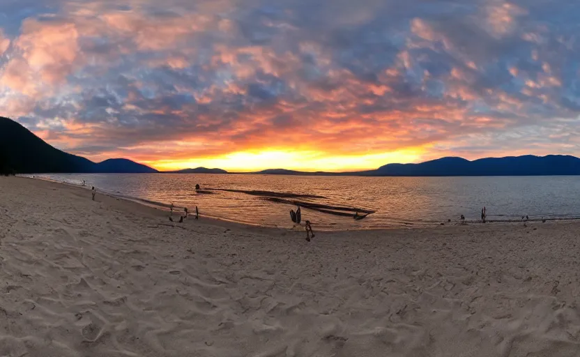 Prompt: a panoramic picture of agawa beach, sunset