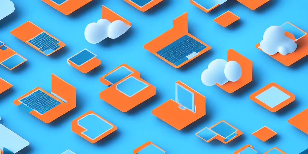 Prompt: Several computers connected to a cloud, network pattern at the background. Minimalistic design, contemporary design, abstract design, parallax. Blue, cyan and orange palette. Vivid, 8K, Epic, Masterpiece
