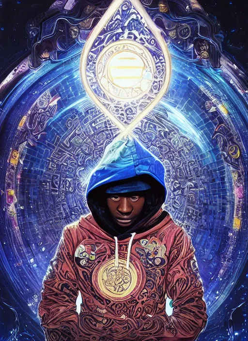 Prompt: grand master flash blue hoodie, surrounded by starlight, moon behind, chinese fantasy, intricate complexity, elegant, hyper detailed, scattered diffusion, ultra definition, photoreal, artstation, unreal engine rendered, concept art, smooth, sharp focus, illustration, art by artgerm and pendleton ward and alphonse mucha and garis edelweiss