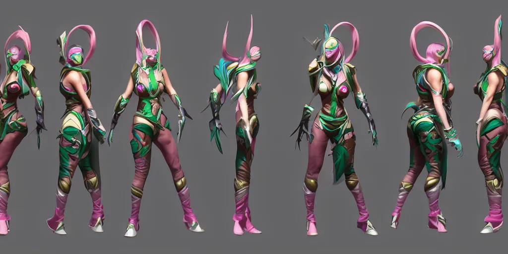 Image similar to 360 degree character sheet of Arcade Akali (wild rift). 3d render, octane render, realistic, highly detailed, trending on artstation