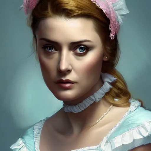 Prompt: a portrait of alexandra breckenridge as a french maid, urban motifs, intricate, elegant, highly detailed, digital painting, trending on artstation, concept art, smooth sharp focus, illustration, art by artgerm and greg rutkowski