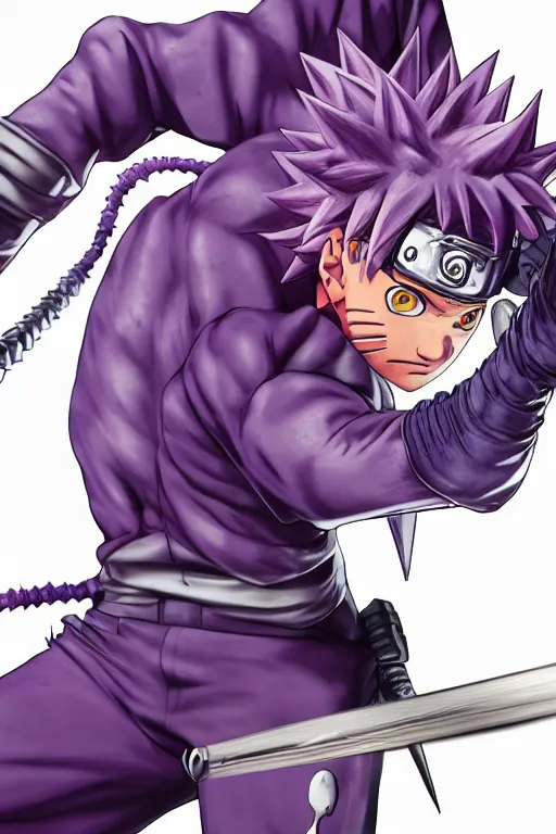 Image similar to close up of a naruto in smooth purple ninja uniform, blue spiked hair, muscular, intense, dramatic pose body of an ultrafine hyperdetailed illustration by kim jung gi, irakli nadar, intricate linework, sharp focus, bright colors, octopath traveler, final fantasy, unreal engine 5, global illumination, radiant light.