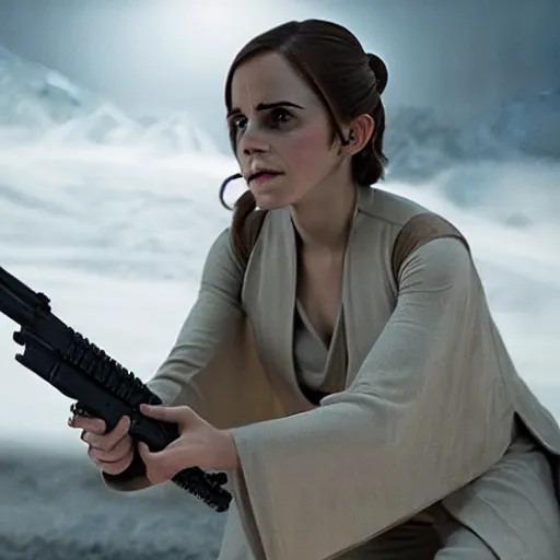 Prompt: A still of Emma Watson in Star Wars movie as Leia