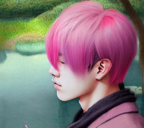 Image similar to pink haired jimin backlit staring at black haired yoongi from across a pond, by alan lee, muted colors, springtime, colorful flowers & foliage in full bloom, sunlight filtering through trees & skin, digital art, art station cfg _ scale 9