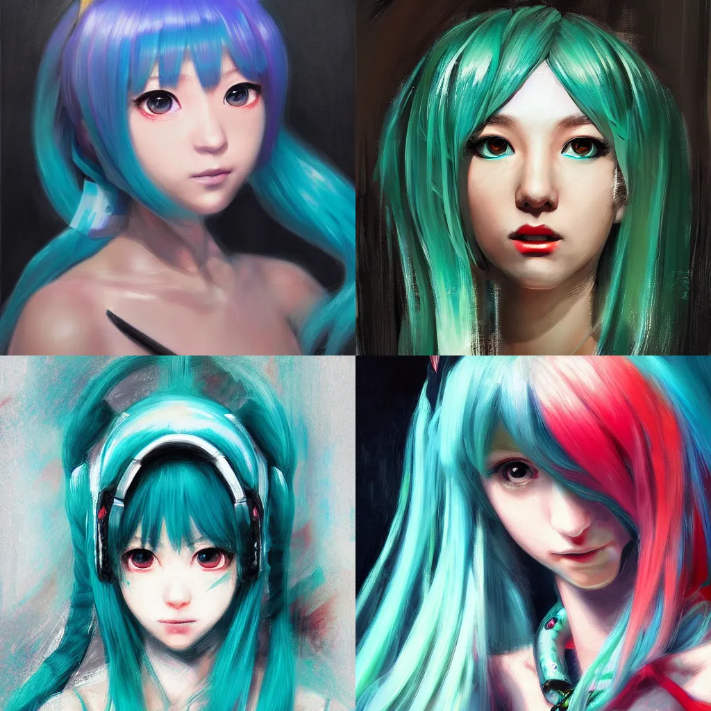 Prompt: A hyperdetailed digital oil portrait painting of Hatsune Miku in the style of Guy Denning and Ruan Jia. Trending on ArtStation and DeviantArt. Digital art.