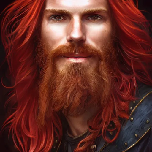 Image similar to portrait of a young ruggedly handsome but joyful pirate, male, masculine, upper body, red crimson hair, very long flowing hair, fantasy, smirk, intricate, elegant, highly detailed, digital painting, artstation, concept art, matte, sharp focus, illustration, art by artgerm and greg rutkowski and alphonse mucha