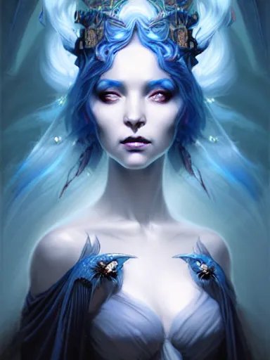 Prompt: dark sorceress with blue skin by james jean, charlie bowater, tom bagshaw, nikolay makovsky, melanie delon : : enchanting, ethereal, magical, glowing, sparkle, prismatic, portrait, character design, illustration, hyperrealism, photorealism, digital art, concept art, dark fantasy, whimsy, weta, wlop, artstation