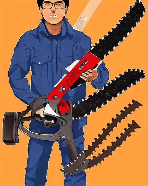 Prompt: Digital presidential anime art of Alvaro Uribe Velez holding a chainsaw by A-1 studios, serious expression, empty warehouse background, highly detailed, spotlight