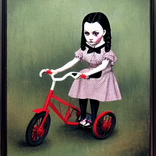 Prompt: Wednesday Addams on a tricycle, lowbrow painting by Mark Ryden