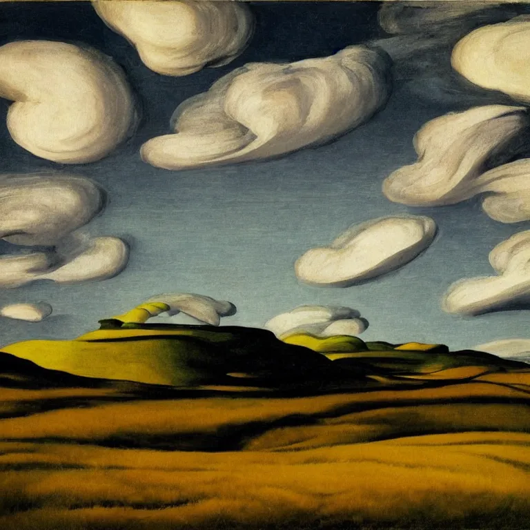 Image similar to dramatic landscape of donegal ireland after the storm, mammatus clouds and lenticular clouds, by edward hopper and giorgio de chirico