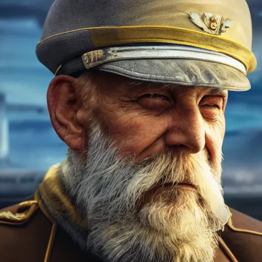 Prompt: a old man in officer suit of russian empire, gray hair and beard, giant yellow dieselpunk ship on background, colored, photorealistic, high detailed, smooth, sharp focus, real life photo, face details, highfleet, 4 k