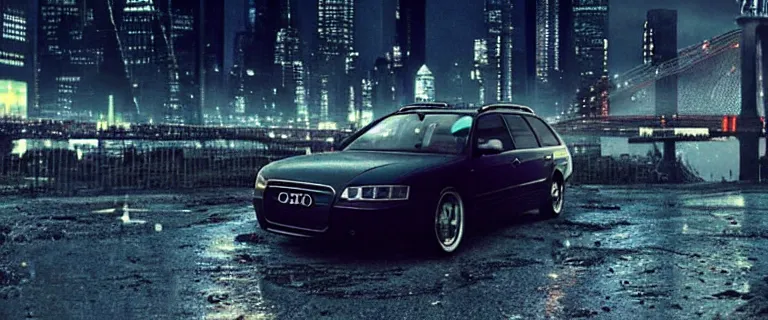 Image similar to Audi A4 B6 Avant (2002), a gritty neo-noir, simon stalenhag, Max Payne (PC) (2001) winter new york at night, dramatic bright lighting, cinematic, establishing shot, extremely high detail, photorealistic, cinematic lighting, artstation, by simon stalenhag, dark night, bright lights, eldritch horror