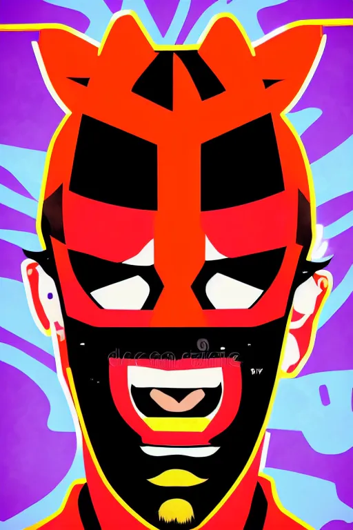 Image similar to guy with japan devil mask, pop art, pixel, gta vice city style, stock picture quality, glowing lights, face features, ultrarealistic details, digital painting, trending artstation, concept art, smooth, sharp focus, illustration, intecration details, art by mark millar and richard hamilton and mimmo rottela, kirokaze and paul robertson