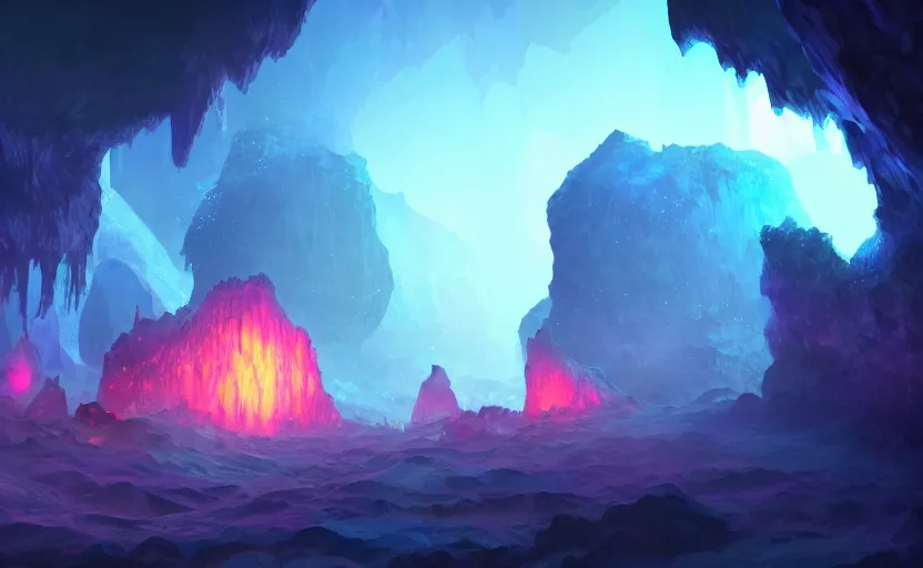 Prompt: a blurry ambient glowing crystal in the distance of a giant cave, crystals, dynamic lighting, ambient lighting, atmospherical, photorealistic fantasy concept art, trending on art station, stunning visuals, creative, cinematic, ultra detailed