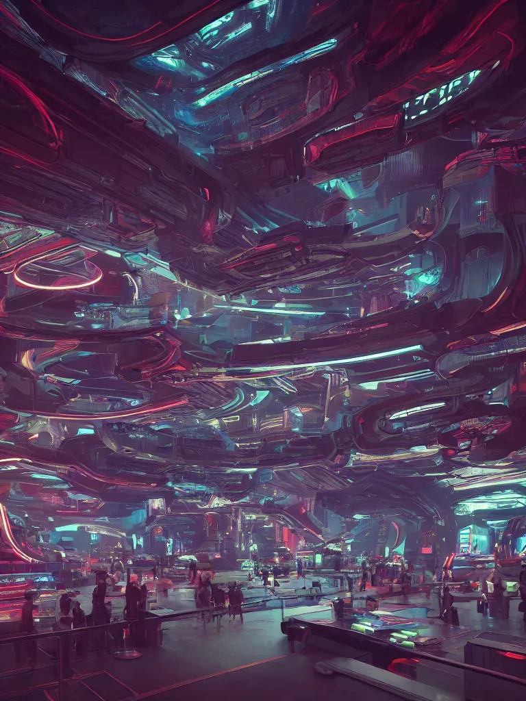 Prompt: kodachrome photo of futuristic interior of a busy spaceport on an alien world, neon lighting and spotlights, intricate artwork by tooth wu and wlop and beeple. octane render, trending on artstation, greg rutkowski very coherent symmetrical artwork. cinematic, hyper realism, high detail