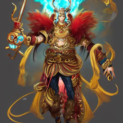 Prompt: concept art of monkey king in ornate golden armo, burning eyes, artstation, white and turquoise and gamboge colorful scheme,