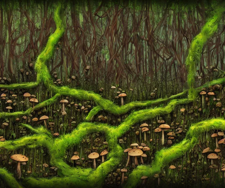 Prompt: a forest made of mold, mushrooms, moss, and vines in the style of anti - art trending on artstation deviantart pinterest detailed high resolution hd 8 k