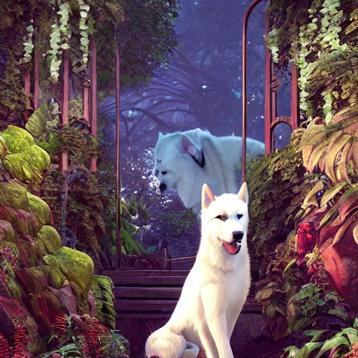 Image similar to gate leading to white alaskan husky in a alaskan lush vegetation, warm tones : by michal karcz, guillermo del toro, daniel merriam, victo ngai and : ornate, dynamic, particulate, intricate, elegant, highly detailed, centered, artstation, smooth, sharp focus, octane render